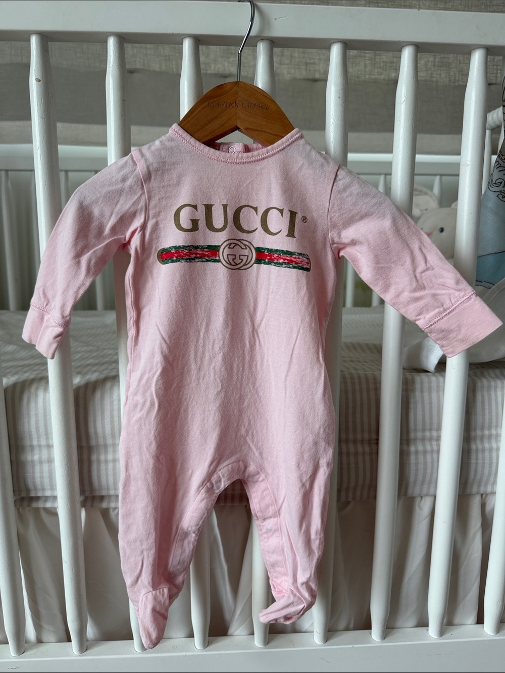 Authentic Gucci Pink Logo Baby Footed One-Piece with Signature Web Stripe